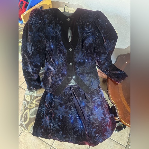 Vintage 1990 Jessica McClintock Black Velvet Blue Glitter Dress - Picture 1 of 6
